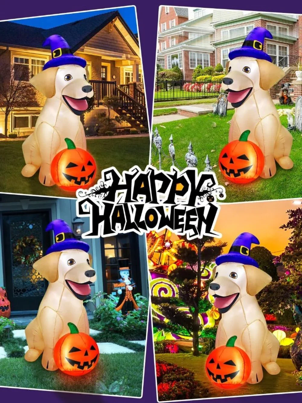 5FT Halloween Inflatable Lab Dog Pumpkin Witch Hat LED Outdoor Yard Decoration